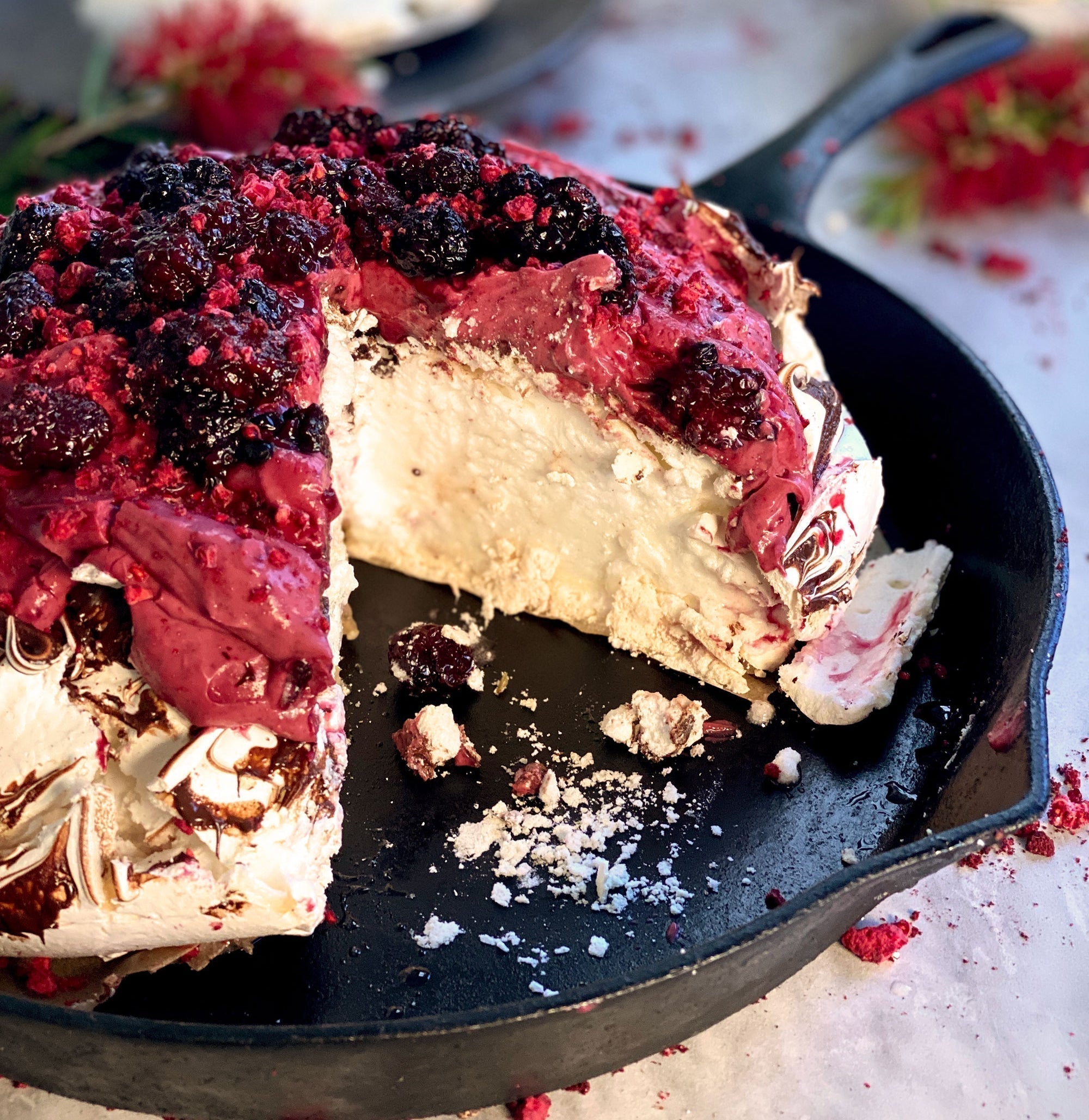 Pavlova with Boysenberry Coulis & Cream