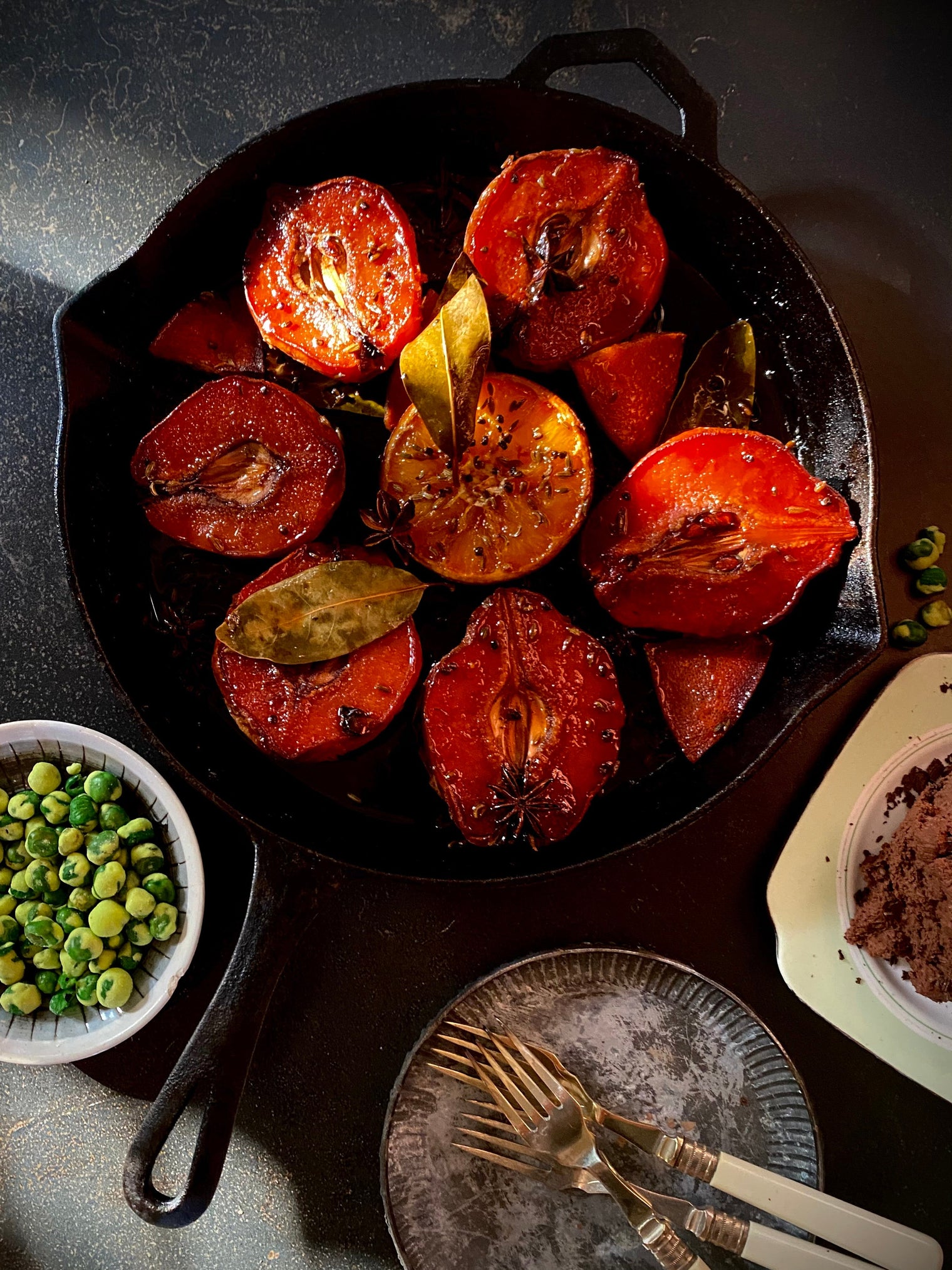 IRONCLAD SLOW ROAST SPICED QUINCE with CARDAMON AND ORANGE CHOCOLATE MOUSSE and CRUSHED WASABI PEAS