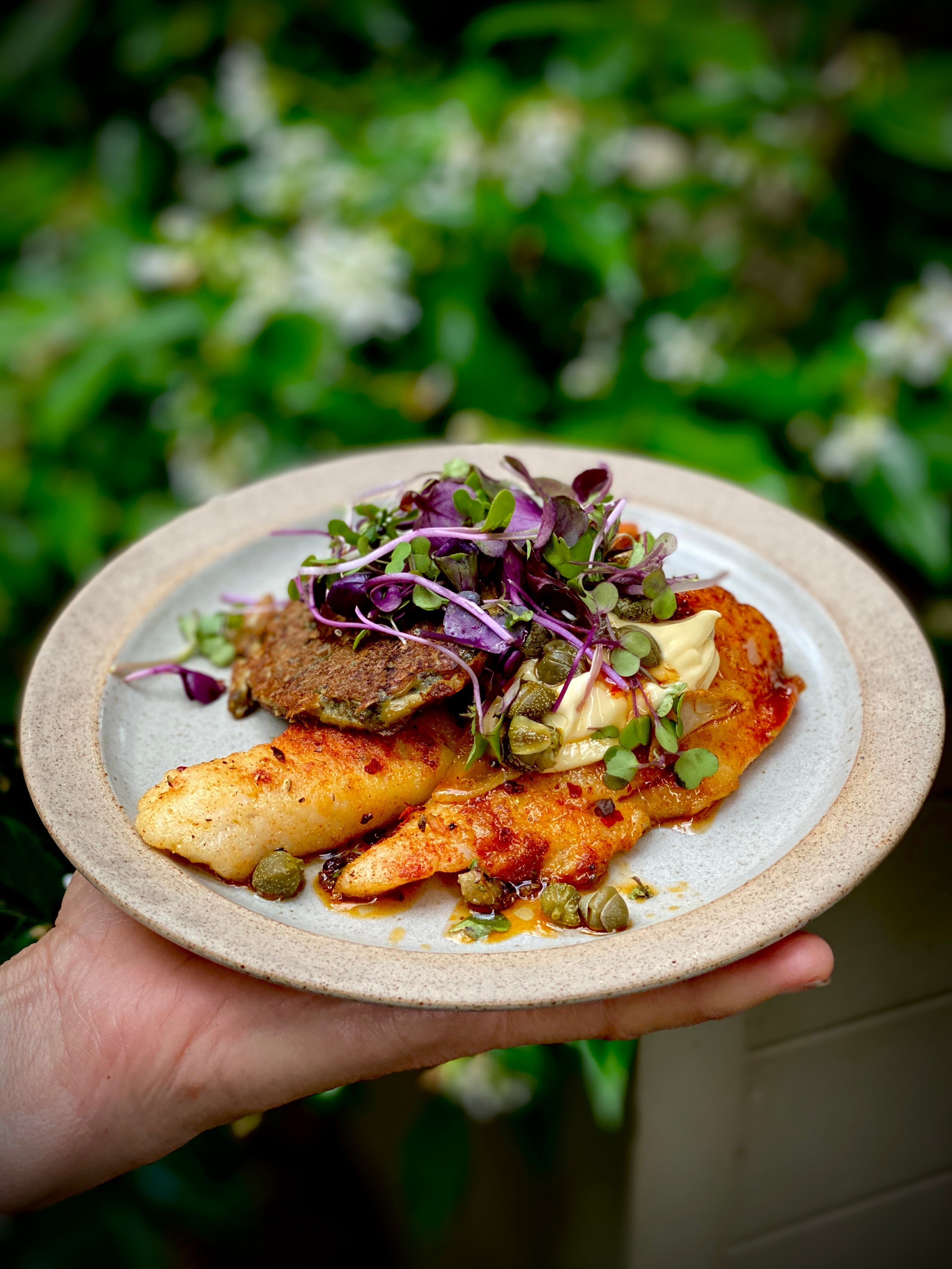 BLUE COD WITH THAI PāUA FRITTERS and LIME LEAF AND CAPER TARTARE SAUCE ...