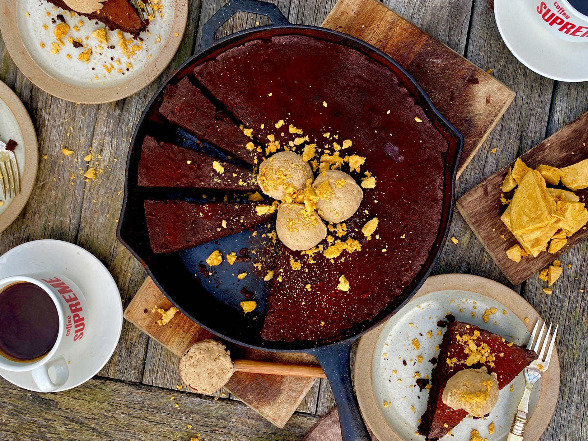 Supremely Good Coffee Chocolate Brownie with Coffee Coconut Icecream and Honey Hokey Pokey