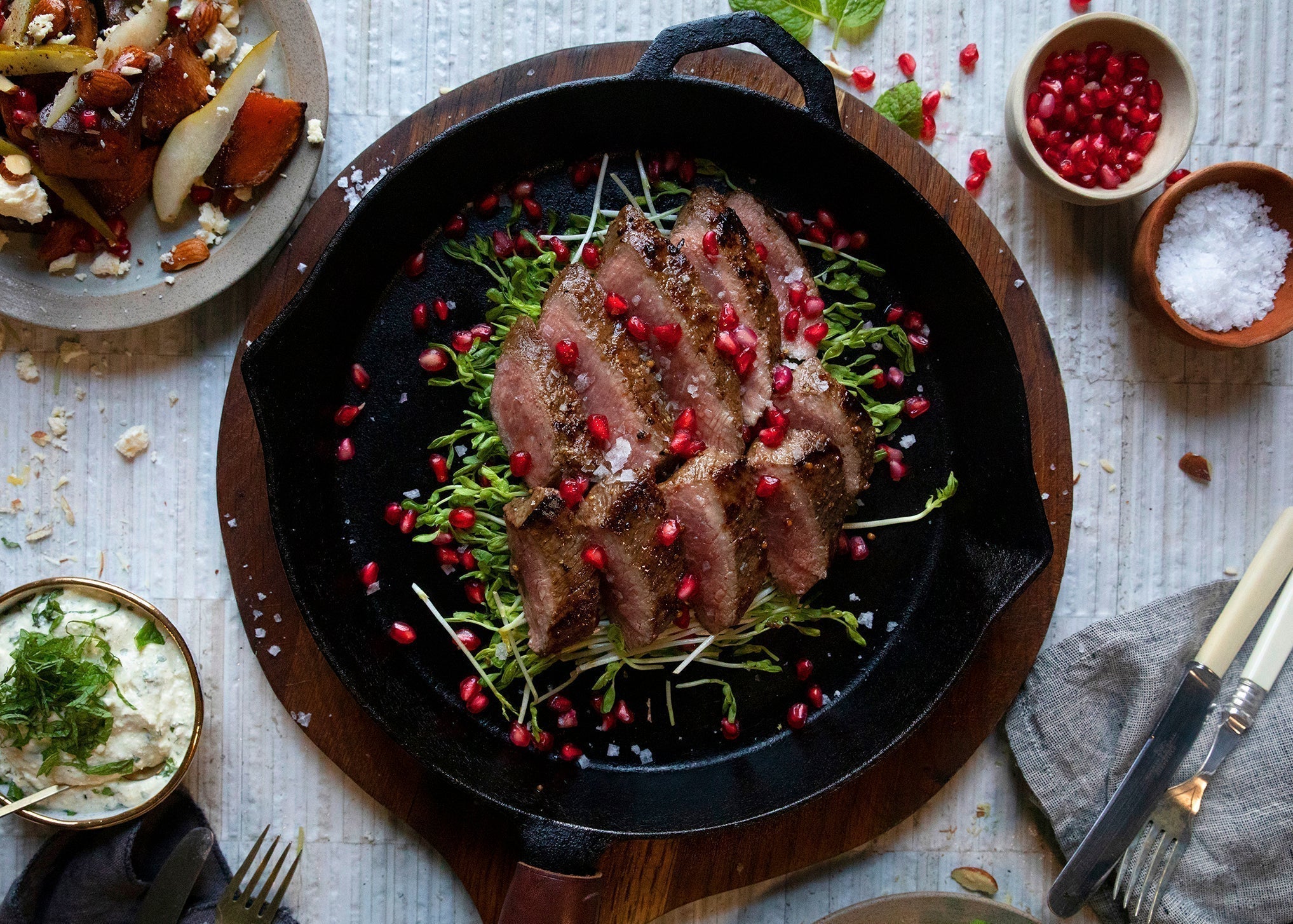 Lamb Loin with Feta, Mint & Wasabi Cream & a Roast Kūmara, Almond & Pear Salad