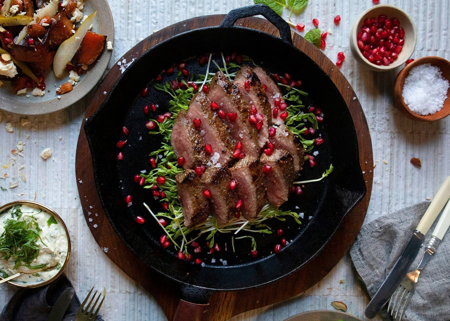 Lamb Loin with Feta, Mint & Wasabi Cream & a Roast Kūmara, Almond & Pear Salad
