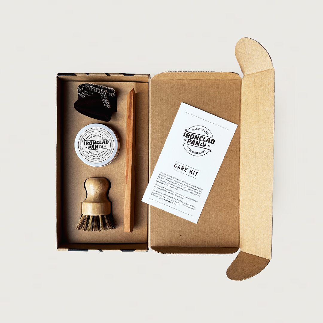 The Cast Iron Care Kit. Handcrafted Spatula, Balm, Brush, Cloth
