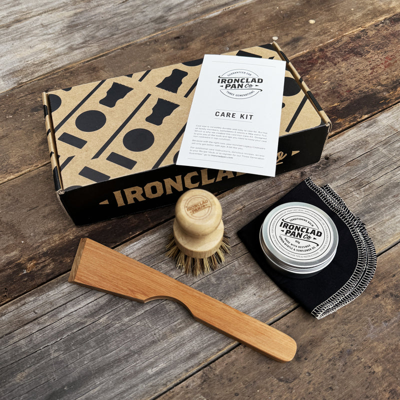 The Cast Iron Care Kit. Handcrafted Spatula, Balm, Brush, Cloth
